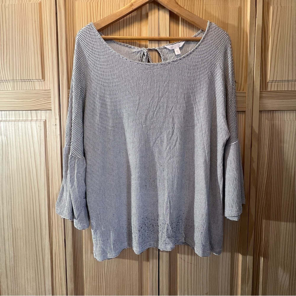 LC Lauren Conrad Blouse Top Size XL Women's Beige & Black Striped Keyhole Tie